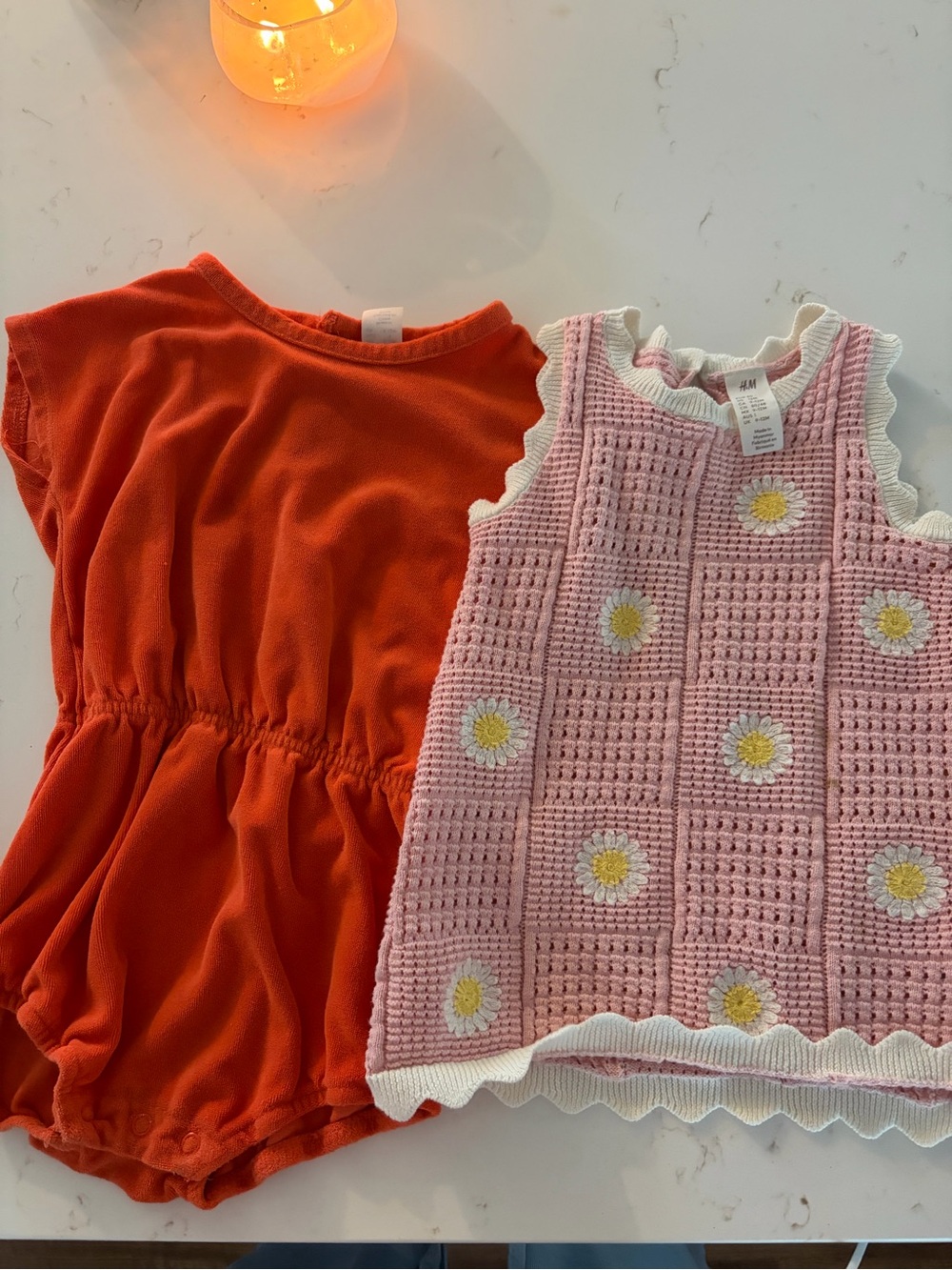 H&M Orange Romper & Pink Daisy Crochet Dress Set
